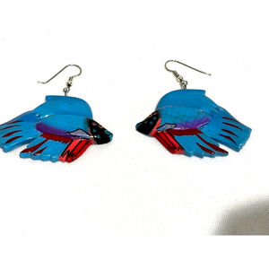 Vintage 80's Artist Made Wood Beta Tropical Fish Dangle Pierced Earrings retro‎
